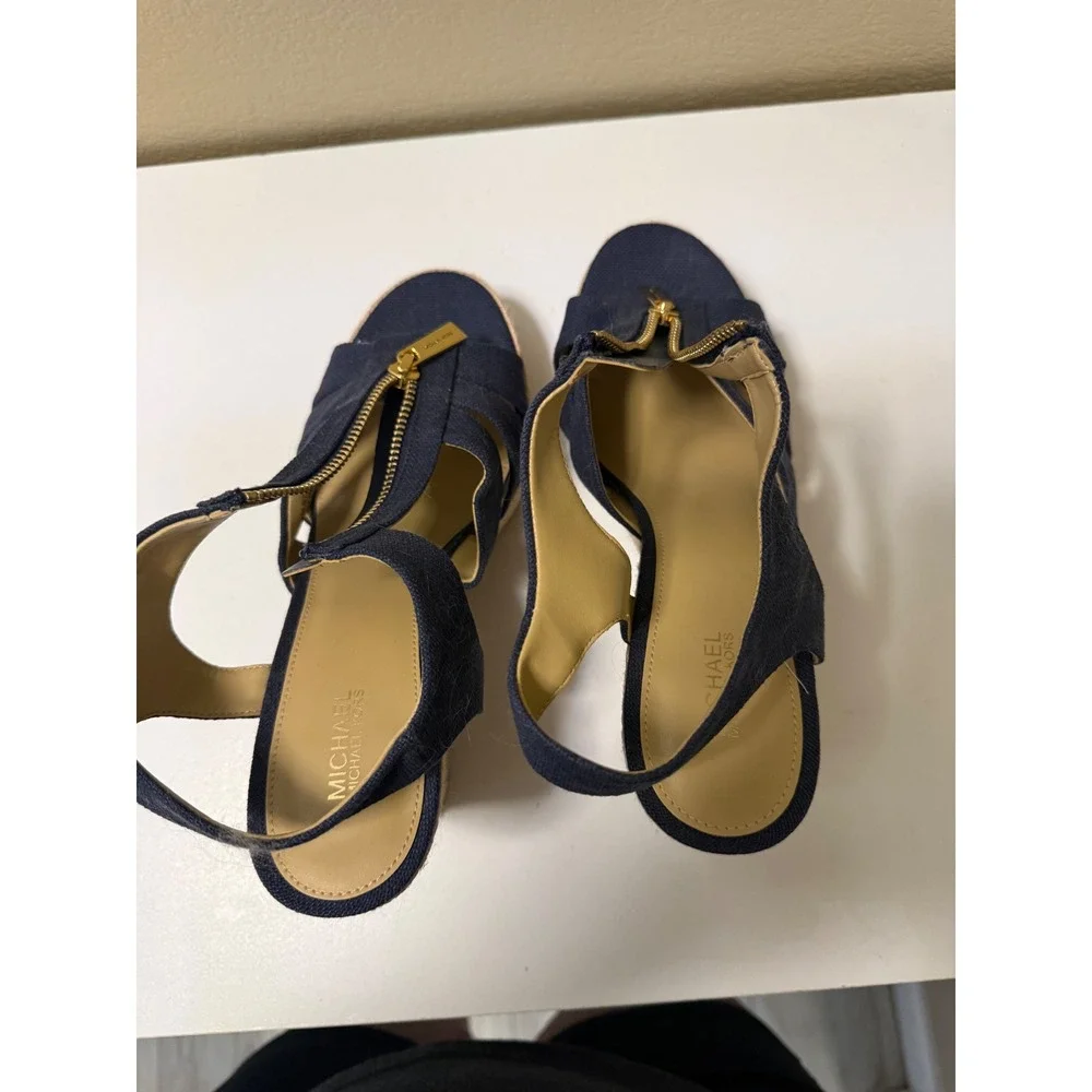 Michael Kors Navy Blue Canvas Espadrille Wedge Sandals Gold Zip Front 8.5M PW21K